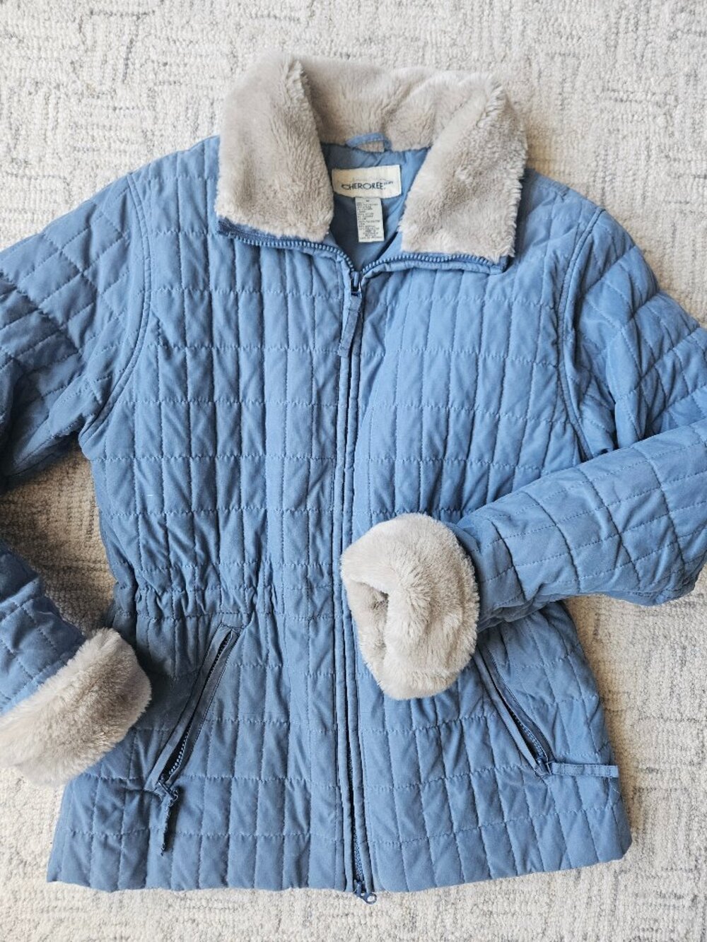 Vintage Cherokee power blue quilted faux shearling women's cinch waist jacket M